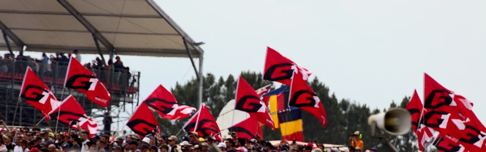 Fans waving red racing flags.